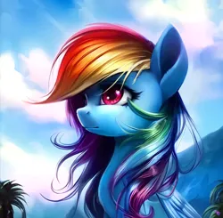 Size: 1024x1003 | Tagged: safe, derpibooru import, editor:xbi, machine learning assisted, machine learning generated, purplesmart.ai, stable diffusion, rainbow dash, pegasus, pony, female, image, looking up, mare, mountain, palm tree, png, solo, tree, wind, windswept mane