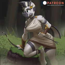 Size: 900x900 | Tagged: safe, artist:kevinsano, derpibooru import, zecora, anthro, unguligrade anthro, zebra, arrow, bedroom eyes, bow, breasts, busty zecora, detailed background, digital art, ear piercing, earring, female, forest, image, jewelry, piercing, png, solo, solo female, tail, thighs, tree, wide hips