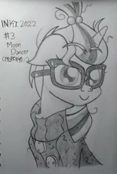 Size: 1966x2917 | Tagged: safe, artist:iceflower99, derpibooru import, moondancer, clothes, female, glasses, image, inktober, inktober 2022, jpeg, monochrome, solo, solo female, sweater, traditional art