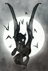 Size: 2749x4096 | Tagged: safe, artist:opalacorn, derpibooru import, oc, oc:void, unofficial characters only, bat, bat pony, pony, bat ponified, bat pony oc, bat wings, female, flying, forked tongue, full moon, glow, glowing eyes, grayscale, halloween, holiday, image, jpeg, mare, monochrome, moon, race swap, solo, tongue out, wings