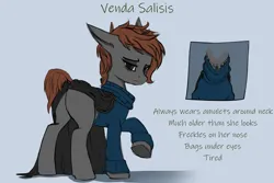 Size: 2515x1681 | Tagged: safe, artist:syntiset, derpibooru import, oc, oc:venda salisis, earth pony, pony, amulet, bags under eyes, brown mane, butt, clothes, coat, colored sketch, female, freckles, gray coat, green eyes, image, jewelry, mare, plot, png, reference sheet, simple background, sketch, solo, sweater, tired