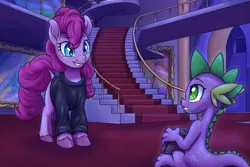 Size: 2200x1466 | Tagged: safe, artist:redahfuhrerking, derpibooru import, pinkie pie, spike, dragon, earth pony, pony, fanfic:spectrum of lightning, series:daring did tales of an adventurer's companion, bag, canterlot, canterlot castle, carpet, clothes, fanfic art, hoodie, image, night, painting, png, sitting, sitting on floor, smiling, staircase, stifling laughter