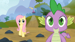 Size: 1280x720 | Tagged: safe, derpibooru import, screencap, fluttershy, spike, dragon, pegasus, pony, season 3, spike at your service, animated, duo, faint, female, gif, image, male, mare, reaction image, shrunken pupils