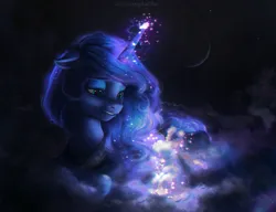 Size: 1743x1336 | Tagged: safe, artist:annaxeptable, derpibooru import, edit, princess luna, alicorn, pony, my little pony: a new generation, cloud, cute, female, floppy ears, g4, g4 to g5, g5, generation leap, image, jewelry, magic, mare, moon, my little pony, night, outdoors, png, smiling, solo, solo female, sparkles, style emulation