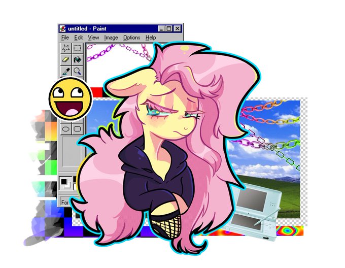 Size: 680x528 | Tagged: safe, artist:kreeeeeez, derpibooru import, fluttershy, '90s, alternate hairstyle, awesome face, bust, clothes, colored eyelashes, design, female, hoodie, image, jpeg, messy mane, meta, microsoft, portrait, shirt design, solo, solo female, twitter, windows, windows 95