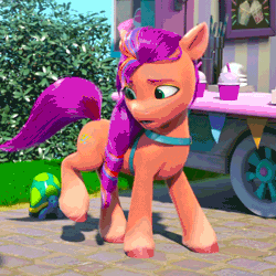 Size: 640x640 | Tagged: safe, derpibooru import, screencap, sunny starscout, earth pony, pony, tortoise, g5, my little pony: make your mark, my little pony: make your mark chapter 2, spoiler:my little pony: make your mark chapter 2, animated, butt, cropped, female, gif, image, mare, plot, sunny starbutt, swapped cutie marks, the cutie mark mix-up, turning
