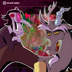 Size: 1080x1080 | Tagged: safe, artist:naquelinedelch2, derpibooru import, discord, draconequus, abstract background, antlers, clothes, crossover, deltarune, duo, image, instagram, jpeg, long nose, male, nose, outline, signature, spamton, spanish description, suit, white outline