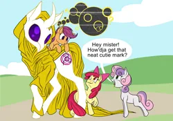 Size: 2500x1750 | Tagged: safe, artist:sixes&sevens, derpibooru import, apple bloom, scootaloo, sweetie belle, ponified, earth pony, pegasus, pony, unicorn, blank flank, body horror, cutie mark crusaders, eldritch abomination, hastur, image, king in yellow, png, the yellow sign