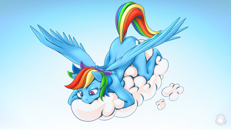 Size: 1920x1080 | Tagged: questionable, artist:mysticalpha, derpibooru import, rainbow dash, anthro, blue background, cloud, flying, image, jpeg, nudity, pinup, simple background, spread wings, wings