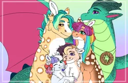 Size: 1280x837 | Tagged: safe, artist:malinraf1615, derpibooru import, hitch trailblazer, sparky sparkeroni, sunny starscout, oc, pony, g5, alternate design, female, image, jpeg, male, offspring, parent:hitch trailblazer, parent:sunny starscout, parents:sunnyhitch, shipping, straight, sunnyhitch, twitterina design