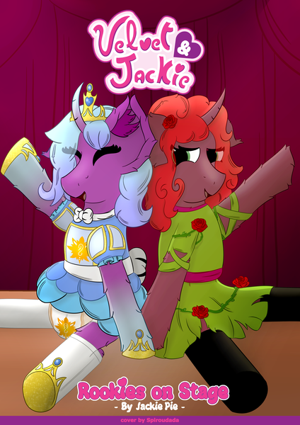 Size: 2894x4093 | Tagged: questionable, artist:spiroudada, derpibooru import, oc, oc:jackie pie, oc:velvet sky, pony, blue, bow, clothes, cover, crossdressing, cute, diaper, dress, duo, fanfic art, flower, green, image, jewelry, male, png, rose, socks, stallion, tiara