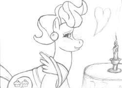 Size: 3273x2388 | Tagged: safe, artist:clonehunter, derpibooru import, cup cake, earth pony, pony, apron, candle, candlestick, clothes, ear piercing, earring, female, floating heart, grayscale, heart, image, jewelry, mare, monochrome, piercing, png, sitting, smiling, solo, table, traditional art