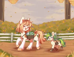 Size: 4148x3222 | Tagged: safe, artist:cheekipone, derpibooru import, oc, oc:honey milk, oc:karakusa, unofficial characters only, bat pony, bee, earth pony, insect, pony, boots, clothes, farm, farming, female, filly, foal, happy, image, png, shoes, smiling