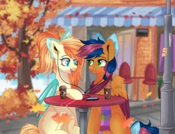 Size: 1860x1419 | Tagged: safe, artist:freyamilk, derpibooru import, oc, oc:solar comet, oc:sunshine drift, unofficial characters only, bat pony, pegasus, pony, autumn, bat pony oc, bat wings, bow, cafe, clothes, coffee, coffee cup, commission, cup, fangs, female, hair bow, headphones, image, jpeg, leaves, male, mare, pegasus oc, phone, scarf, scenery, smiling, sock, socks, stallion, striped socks, table, tail, tail bow, tree, wings, ych result, your character here