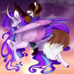 Size: 2048x2048 | Tagged: safe, artist:inisealga, derpibooru import, oc, oc:airbrush (foxenawolf), unofficial characters only, alicorn, anthro, fox, pony, alicorn oc, chest fluff, curved horn, duo, female, fluffy tail, furry, furry oc, gift art, horn, image, jpeg, mare, multicolored hair, multicolored mane, multicolored tail, riding a pony, spread wings, tail, wing fluff, wings