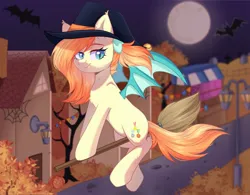 Size: 1568x1222 | Tagged: safe, artist:freyamilk, derpibooru import, oc, oc:sunshine drift, unofficial characters only, bat, bat pony, pony, bat pony oc, bat wings, broom, fangs, female, halloween, hat, holiday, image, jpeg, leaves, mare, moon, nightmare night, pumpkin, scenery, solo, spider web, wings, witch hat
