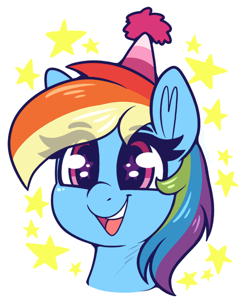 Size: 900x1122 | Tagged: safe, artist:graphene, derpibooru import, rainbow dash, pegasus, pony, bust, cute, dashabetes, eye clipping through hair, eyebrows, eyebrows visible through hair, female, happy, hat, image, mare, open mouth, open smile, party hat, png, smiling, solo, starry eyes, stars, wingding eyes