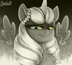 Size: 970x880 | Tagged: safe, artist:llametsul, derpibooru import, opaline, alicorn, pony, my little pony: make your mark, spoiler:g5, spoiler:my little pony: make your mark, disgusted, female, fire, floating wings, frown, g5, image, looking at you, looking down, looking down at you, mare, monochrome, png, signature, solo, wings