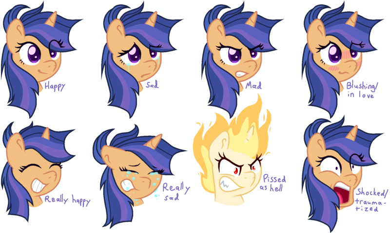 Size: 1945x1165 | Tagged: safe, artist:lindasaurie, derpibooru import, oc, oc:galaxy swirls, pony, unicorn, angry, blushing, bust, crying, expressions, eye clipping through hair, eyebrows, eyebrows visible through hair, facial expressions, gift art, happy, image, mane of fire, next generation, offspring, parent:flash sentry, parent:twilight sparkle, parents:flashlight, png, sad, shocked, shocked expression, simple background, solo, transparent background