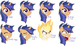 Size: 1945x1165 | Tagged: safe, artist:lindasaurie, derpibooru import, oc, oc:galaxy swirls, pony, unicorn, angry, blushing, bust, crying, expressions, eye clipping through hair, eyebrows, eyebrows visible through hair, facial expressions, gift art, happy, image, mane of fire, next generation, offspring, parent:flash sentry, parent:twilight sparkle, parents:flashlight, png, sad, shocked, shocked expression, simple background, solo, transparent background