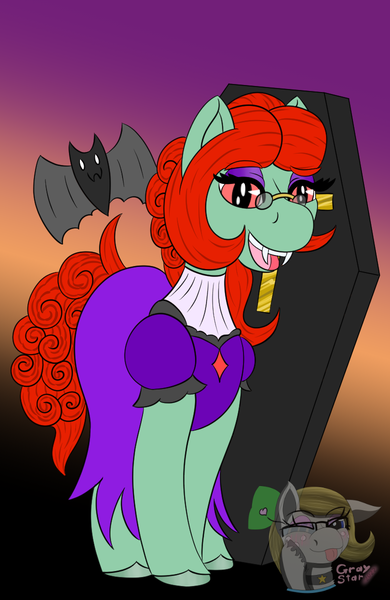 Size: 780x1200 | Tagged: safe, artist:gray star, derpibooru import, oc, oc:wella heartsong, unofficial characters only, bat, earth pony, pony, undead, vampire, chocolate, clothes, cuddling, derpibooru exclusive, fangs, female, food, glasses, image, png, trans female, transgender, transgender oc