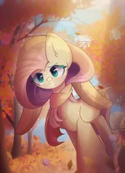 Size: 1700x2350 | Tagged: safe, artist:miryelis, derpibooru import, fluttershy, pegasus, pony, autumn, clothes, cute, full body, hat, image, leaves, png, scarf, sky, smiling, solo, tree, walking