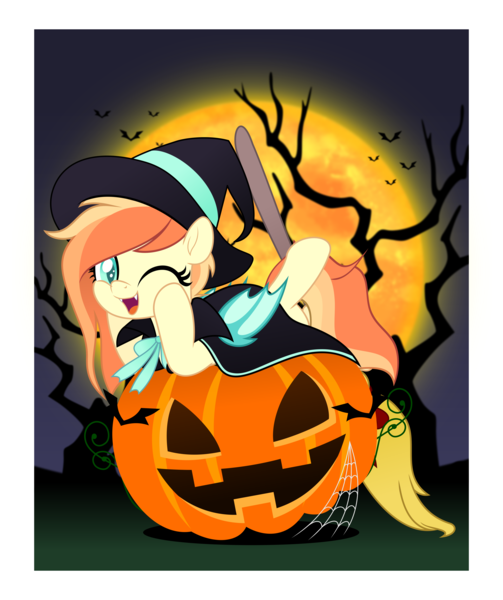Size: 4188x5000 | Tagged: safe, artist:jhayarr23, derpibooru import, oc, oc:sunshine drift, unofficial characters only, bat, bat pony, pony, bat pony oc, bat wings, broom, clothes, commission, costume, female, halloween, halloween costume, hat, holiday, image, jack-o-lantern, looking at you, mare, moon, one eye closed, png, pumpkin, smiling, solo, spider web, wings, wink, witch hat, ych result, your character here
