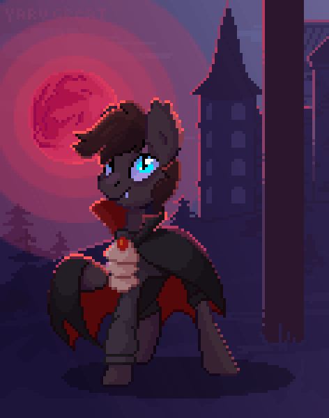 Size: 472x600 | Tagged: safe, artist:yarugreat, derpibooru import, oc, oc:hunter blood moon, bat pony, animated, clothes, commission, costume, dracula, fangs, gif, glow, glowing eyes, halloween, halloween costume, holiday, image, loop, perfect loop, pixel animation, pixel art, solo, ych result