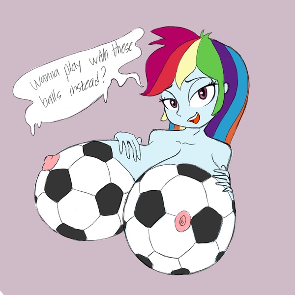 Size: 2048x2048 | Tagged: questionable, artist:stammis, derpibooru import, rainbow dash, human, equestria girls, bedroom eyes, big breasts, bodypaint, breasts, bust, busty rainbow dash, dialogue, female, football, high res, huge breasts, image, impossibly large breasts, jpeg, looking at you, nipples, nudity, open mouth, open smile, simple background, smiling, solo, solo female, speech bubble, sports, talking to viewer, violet background