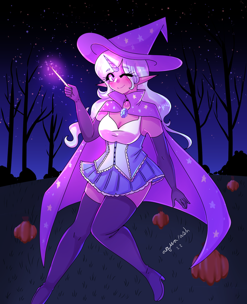Size: 1709x2100 | Tagged: safe, artist:mylittleyuri, derpibooru import, trixie, human, boots, cape, choker, clothes, cute, diatrixes, dress, elf ears, evening gloves, female, gloves, glow, glowing horn, hat, horn, horned humanization, humanized, image, long gloves, magic, magic wand, night, one eye closed, png, pumpkin, shoes, solo, thigh boots, tree, trixie's cape, trixie's hat, wink