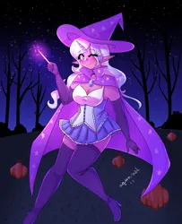 Size: 1709x2100 | Tagged: safe, artist:mylittleyuri, derpibooru import, trixie, human, boots, cape, choker, clothes, cute, diatrixes, dress, elf ears, evening gloves, female, gloves, glow, glowing horn, hat, horn, horned humanization, humanized, image, long gloves, magic, magic wand, night, one eye closed, png, pumpkin, shoes, solo, thigh boots, tree, trixie's cape, trixie's hat, wink