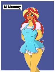 Size: 779x1026 | Tagged: suggestive, artist:diaperednight, derpibooru import, sunset shimmer, human, equestria girls, abdl, blue background, blushing, breasts, busty sunset shimmer, clothes, cute, dialogue, diaper, diaper fetish, female, fetish, image, jpeg, open mouth, simple background, solo, solo female