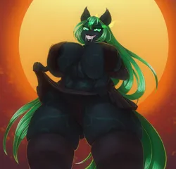 Size: 1280x1227 | Tagged: suggestive, artist:st. oni, derpibooru import, oc, oc:sekai, anthro, changeling, big breasts, breasts, changeling oc, clothes, erect nipples, fangs, grin, hips, huge breasts, image, jpeg, looking at you, nipple outline, skirt, smiling, socks, solo, thigh highs, thighs, thunder thighs, upskirt, wide hips