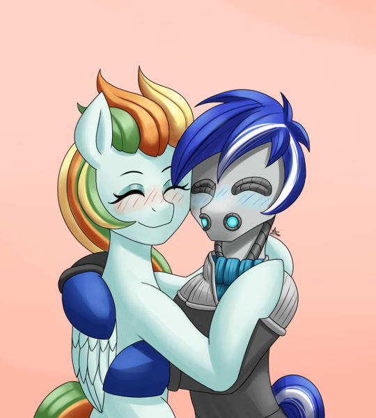 Size: 1800x2000 | Tagged: safe, artist:zachc, derpibooru import, oc, oc:ivislor odzi, oc:éirinn, unofficial characters only, cyborg, cyborg pony, pegasus, pony, commission, commissioner:iv's, duo, female, hug, image, male, png