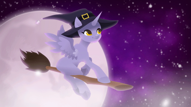 Size: 640x360 | Tagged: safe, artist:rumista, derpibooru import, oc, alicorn, earth pony, pegasus, pony, unicorn, animated, broom, commission, flying, flying broomstick, gif, halloween, hat, holiday, image, moon, night, solo, witch, witch hat, your character here