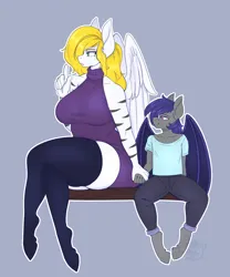 Size: 1067x1280 | Tagged: safe, artist:spamjamz, derpibooru import, oc, oc:dusk rhine, oc:swift wing, unofficial characters only, anthro, bat pony, pegasus, unguligrade anthro, bat pony oc, bat wings, big breasts, breasts, clothes, curvy, denim, dress, female, glasses, holding hands, hooves, image, jeans, jpeg, larger female, looking left, pants, pegasus oc, shirt, size difference, skindentation, socks, stripes, sweater, sweater dress, thigh highs, thighs, thunder thighs, turtleneck, wide hips, wings, zettai ryouiki