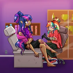 Size: 1080x1080 | Tagged: safe, artist:windywendy29, derpibooru import, rainbow dash, twilight sparkle, human, alternate hairstyle, barefoot, cargo pants, chair, clothes, converse, cutie mark on human, cutie mark tattoo, dark skin, duo, ear piercing, earring, eyebrow piercing, feet, female, gloves, hoodie, humanized, image, jewelry, nail polish, office chair, pants, piercing, png, ponytail, shirt, shoes, short shirt, shorts, smiling, smirk, t-shirt, tatto, tattoo, tattoo artist, trophy