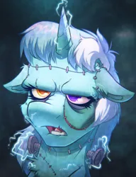 Size: 2506x3264 | Tagged: safe, artist:witchtaunter, derpibooru import, lyra heartstrings, pony, unicorn, chest fluff, ear fluff, electricity, female, floppy ears, frankenstein's monster, furrowed brow, halloween, halloween 2022, heterochromia, holiday, image, mare, multicolored eyes, png, scar, solo, spooky