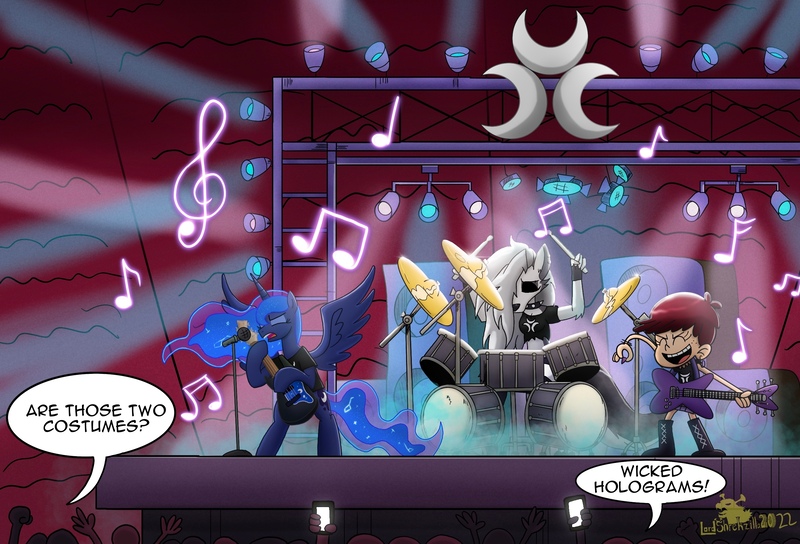 Size: 2732x1858 | Tagged: safe, artist:lordshrekzilla20, derpibooru import, princess luna, alicorn, anthro, demon, hellhound, human, pony, audience, band, bipedal, boots, bracelet, choker, clothes, concert, constellation, crossover, dialogue, drum kit, drums, drumsticks, ear piercing, earring, electric guitar, ethereal mane, eyes closed, female, fingerless gloves, gloves, guitar, guitar pick, helluva boss, high res, image, jewelry, jpeg, loona (helluva boss), luna loud, mare, microphone, mobile phone, music notes, musical instrument, namesake, open mouth, open smile, phone, piercing, playing instrument, pun, rock band, shirt, shoes, shorts, signature, singing, skirt, smiling, socks, speech bubble, spiked choker, spotlight, spread wings, stage, starry mane, stockings, the loud house, thigh highs, trio, trio female, visual pun, wings