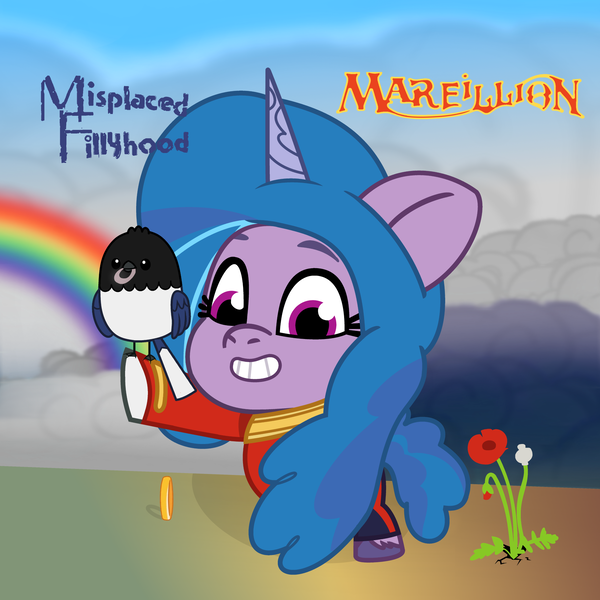 Size: 2000x2000 | Tagged: safe, artist:grapefruit-face, derpibooru import, izzy moonbow, ponified, bird, magpie, pony, my little pony: tell your tale, album cover, female, filly, filly izzy moonbow, flower, foal, g5, image, jewelry, looking at you, marillion, png, ponified album cover, rainbow, ring, younger