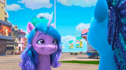 Size: 1280x712 | Tagged: safe, derpibooru import, screencap, izzy moonbow, sparky sparkeroni, g5, my little pony: make your mark, my little pony: make your mark chapter 2, spoiler:g5, spoiler:my little pony: make your mark chapter 2, animated, excited, growling, image, misty brightdawn, sound, stare, suspicious, the traditional unicorn sleep-over, unamused, webm, zoom out