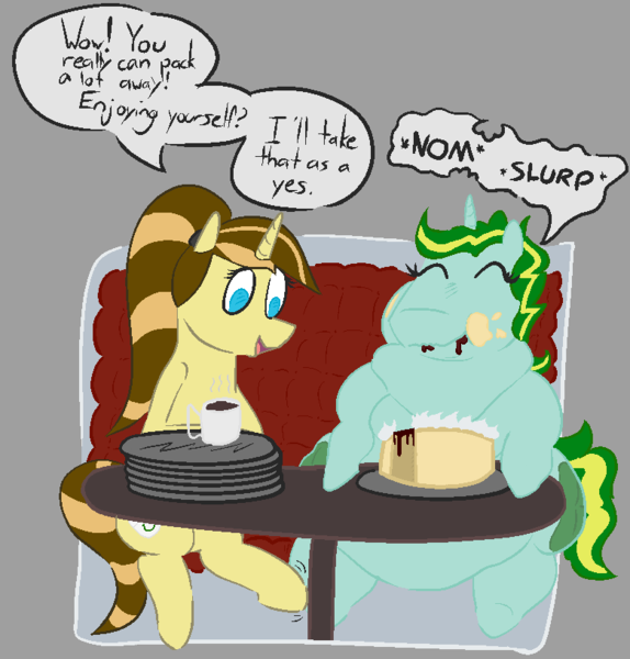 Size: 780x815 | Tagged: safe, artist:cutelyra, derpibooru import, oc, oc:frosty charmer, oc:java chip, unofficial characters only, pony, unicorn, bhm, cake, cheesecake, cheesecake frosty, coffee, fat, female, food, image, large butt, male, mare, obese, png, stallion
