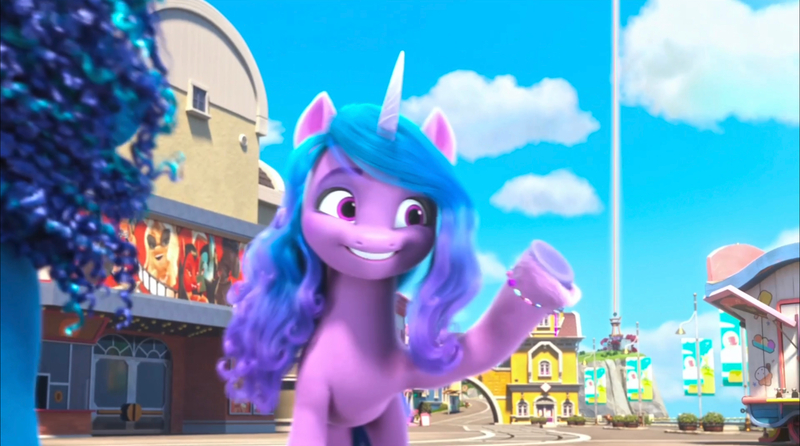 Size: 2388x1332 | Tagged: safe, derpibooru import, screencap, izzy moonbow, g5, my little pony: make your mark, my little pony: make your mark chapter 2, spoiler:g5, spoiler:my little pony: make your mark chapter 2, beam, crystal brighthouse, happy, image, jpeg, maretime bay, misty brightdawn, rainbow, street, the traditional unicorn sleep-over