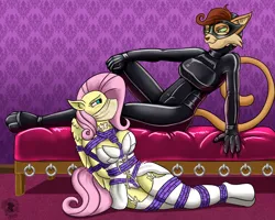 Size: 1348x1076 | Tagged: suggestive, artist:quakehoof, derpibooru import, fluttershy, oc, anthro, cat, unguligrade anthro, ankle tied, babydoll, blushing, bondage, bondage furniture, bound wings, box tied, breast bondage, breasts, busty fluttershy, choker, clothes, eye contact, female, gag, garters, image, knee tied, latex, latex mask, latex suit, lesbian, lingerie, looking at each other, looking at someone, nightgown, over the nose gag, png, rope, rope bondage, socks, stockings, thigh highs, tied up, wings