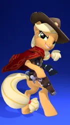 Size: 2160x3840 | Tagged: safe, artist:owlpirate, derpibooru import, applejack, earth pony, pony, 3d, 4k, bipedal, clothes, cole cassidy, cowboy hat, female, gradient background, grin, gun, handgun, hat, high res, image, jesse mccree, looking at you, looking back, looking back at you, mare, overwatch, png, poncho, revolver, smiling, smiling at you, solo, source filmmaker, weapon