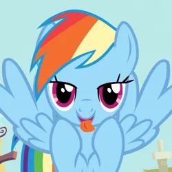 Size: 512x512 | Tagged: suggestive, derpibooru import, screencap, rainbow dash, pegasus, pony, a bird in the hoof, season 1, derp, faic, flying, image, invisible stallion, licking, png, silly, silly pony, solo, tongue out, wings