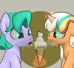 Size: 3600x3300 | Tagged: safe, artist:dumbwoofer, derpibooru import, earth pony, pony, unicorn, blushing, ear fluff, female, filly, foal, food, g5, ice cream, ice cream cone, image, magic, messy, messy eating, peach fizz, png, seashell (g5), simple background, telekinesis, tongue out