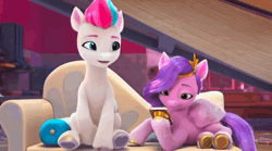 Size: 1280x712 | Tagged: safe, derpibooru import, edit, edited screencap, screencap, pipp petals, sparky sparkeroni, zipp storm, my little pony: make your mark, my little pony: make your mark chapter 2, spoiler:g5, spoiler:my little pony: make your mark chapter 2, animated, couch, crystal brighthouse, flying, g5, gif, image, jumping, loop, mobile phone, phone, reverse, the traditional unicorn sleep-over
