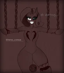 Size: 2800x3200 | Tagged: semi-grimdark, artist:diamondgreenanimat0, derpibooru import, rarity, anthro, unicorn, lil-miss rarity, black sclera, blood, blood on face, blood splatter, blood stains, chains, cutting, half body, image, lil miss rarity, looking at you, png, self harm, simple background, smiley face, smiling, solo