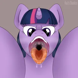 Size: 2000x2000 | Tagged: suggestive, artist:kaifurry, artist:kaisvorny, derpibooru import, twilight sparkle, pony, unicorn, drool, endosoma, esophagus, female, gray background, high res, image, imminent vore, looking at you, maw, mawshot, non-fatal vore, open mouth, png, simple background, soft vore, solo, solo female, symmetrical, uvula, vore